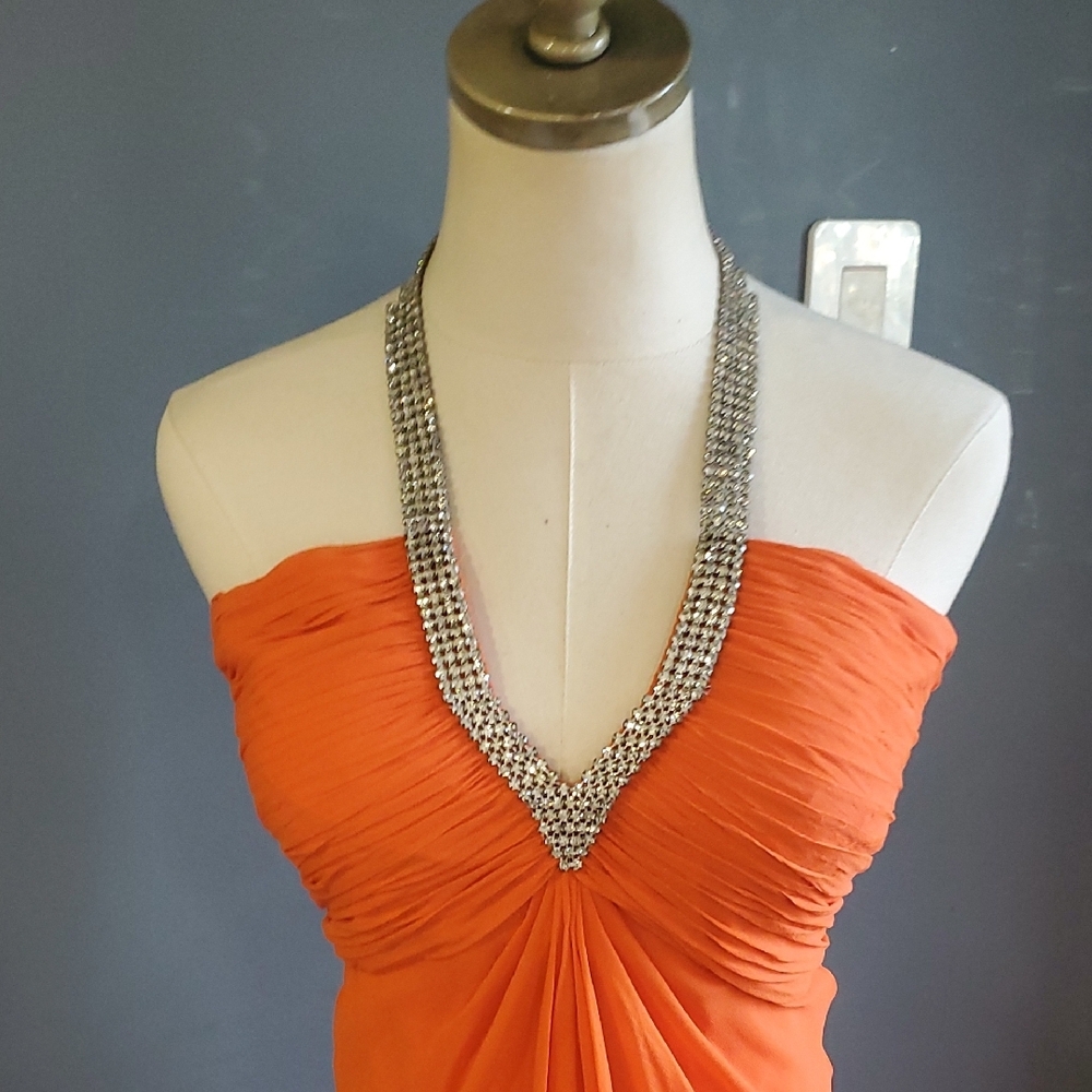 Vtg Niteline Chic Orange Silk Gown with Silver Accents - Picture 2 of 16